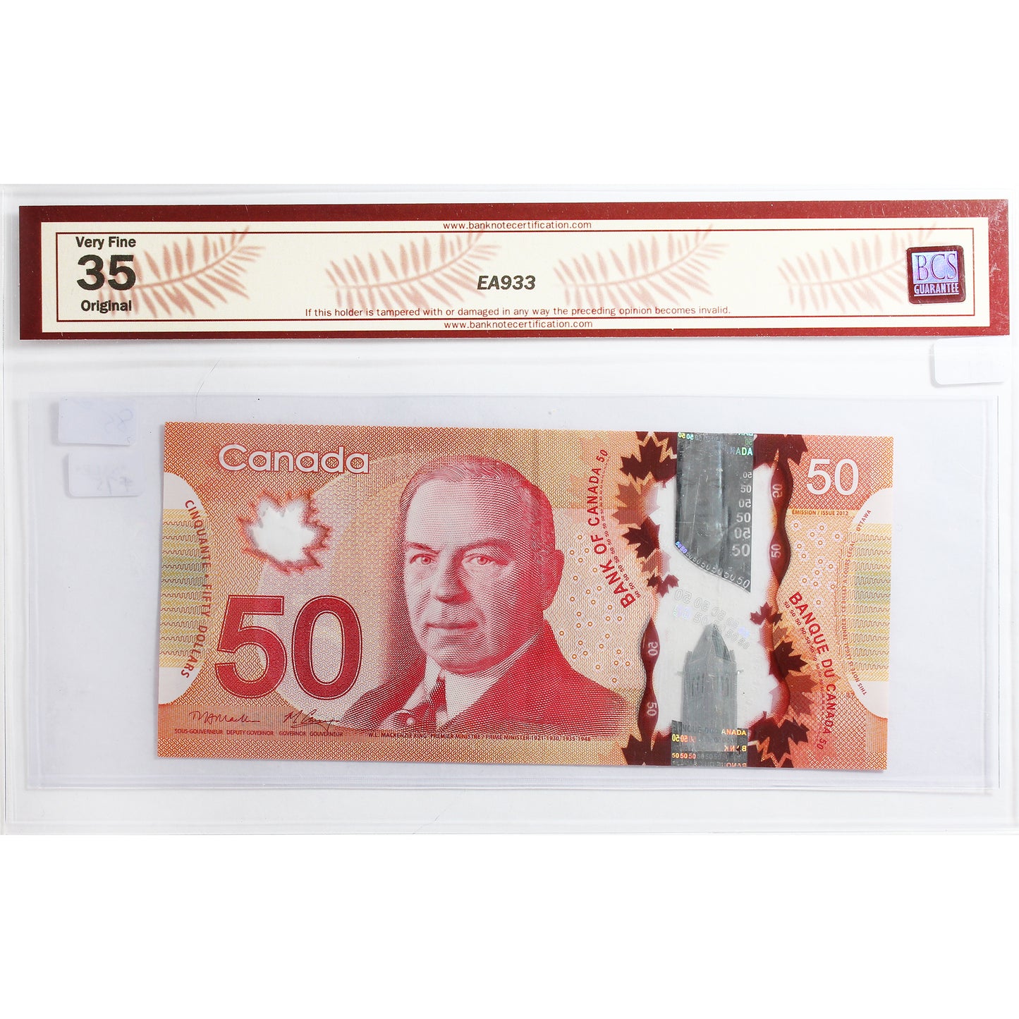 BC-72a-i-N1-iii 2012 Canada $50 M-C, 4 Digit RADAR FMW3529253, BCS Cert. VF35 Original