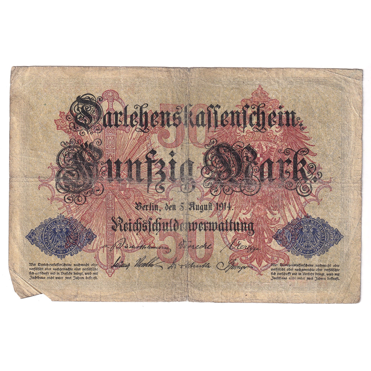 Germany 1914 50 Marks, 6 Digit, Pick #49a, VG (Dam'g)