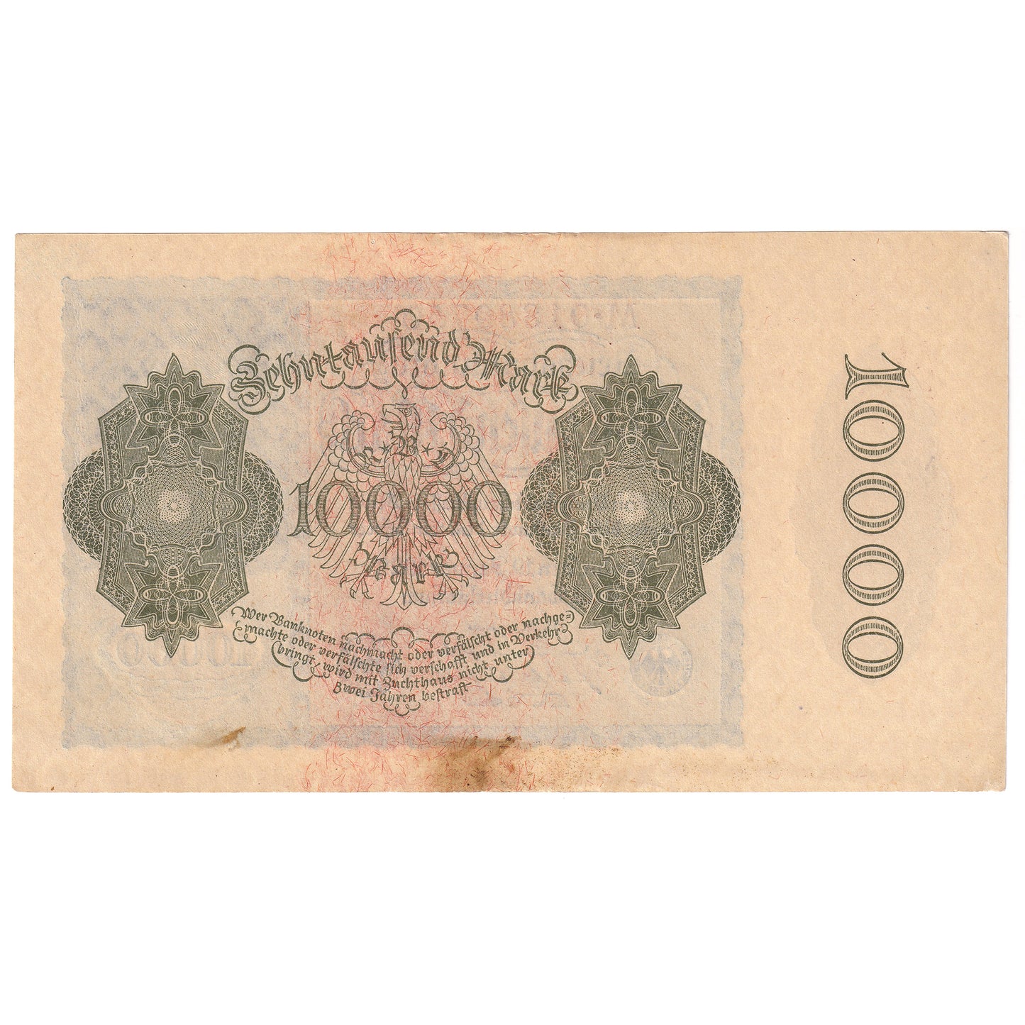 Germany 1922 10,000 Marks, Pick #72, AU-UNC (Stain)