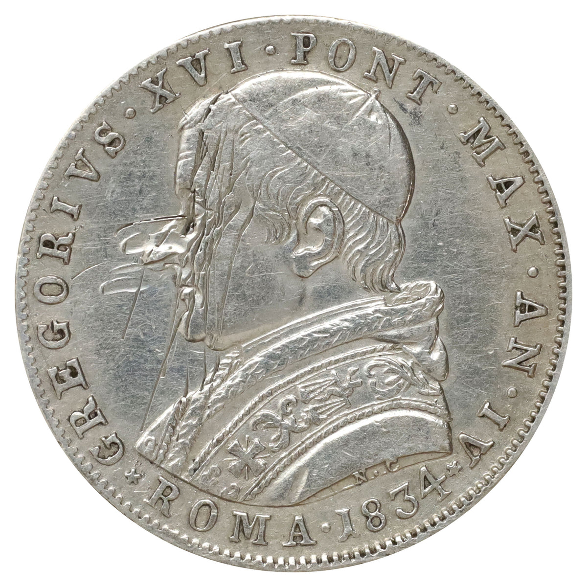 Papal States 1834 IVR Gregory XVI 30 Baiocchi Extra Fine (EF40) Heavy