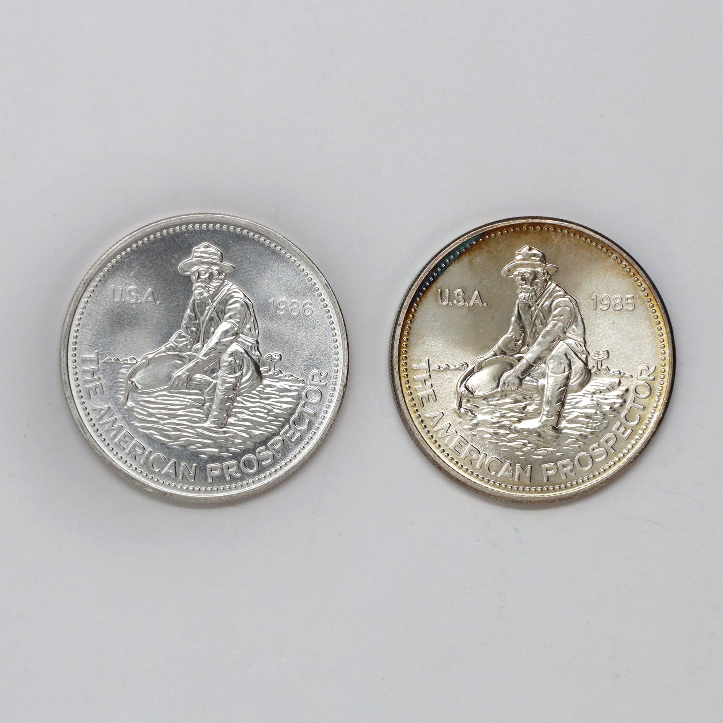 Pair of 1985 & 1986 USA Engelhard Prospector 1oz .999 Silver Rounds, 2pcs (No Tax) Issues