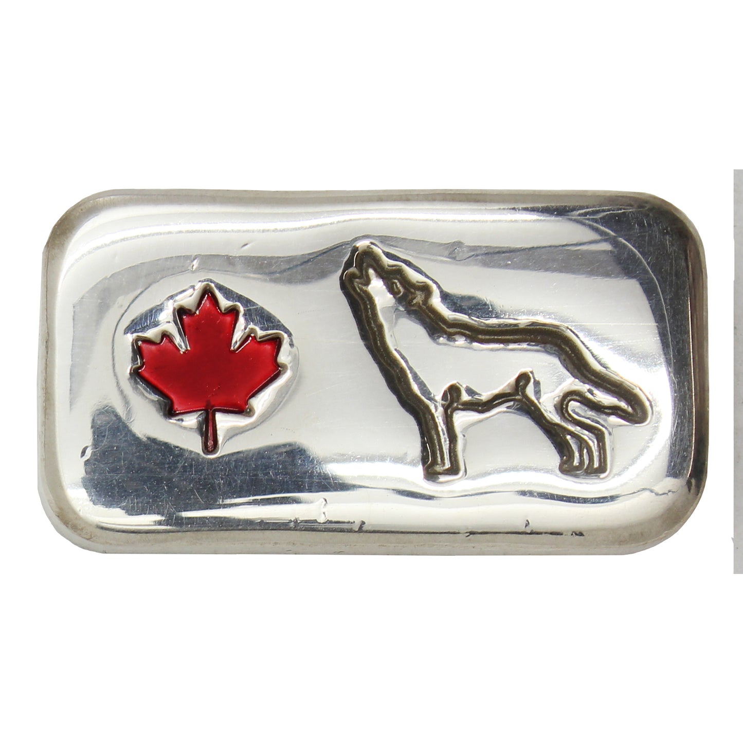 RSSC 3oz Wolf w Enameled Red Maple Leaf .999 Fine Silver Bar (No Tax) Scratches