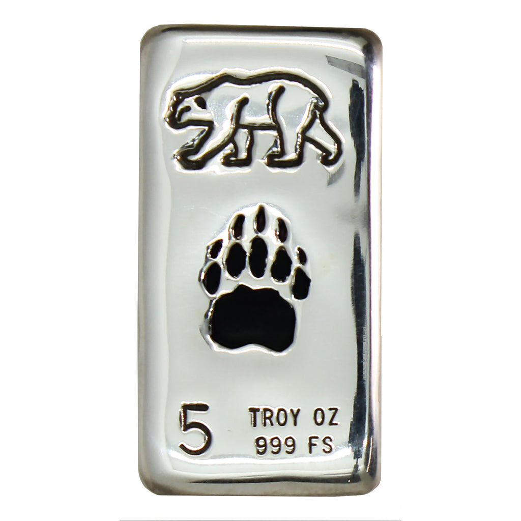 RSSC 5oz Bear w Enameled Black Bear Paw .999 Fine Silver Bar (No Tax) Hairline Scratches