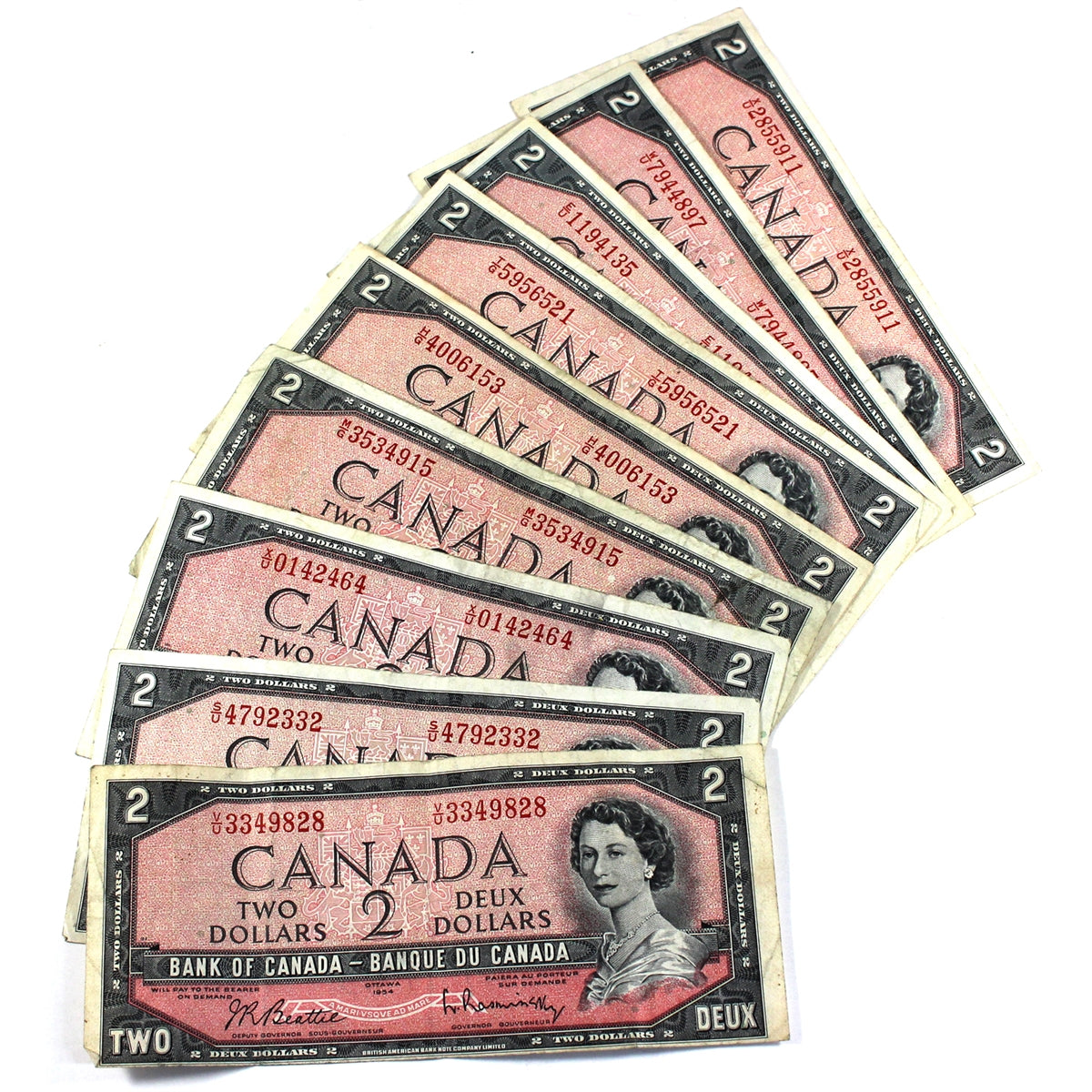 Lot of 9x 1954 Canada $2 Notes, Circulated, 9Pcs (May have impairments)