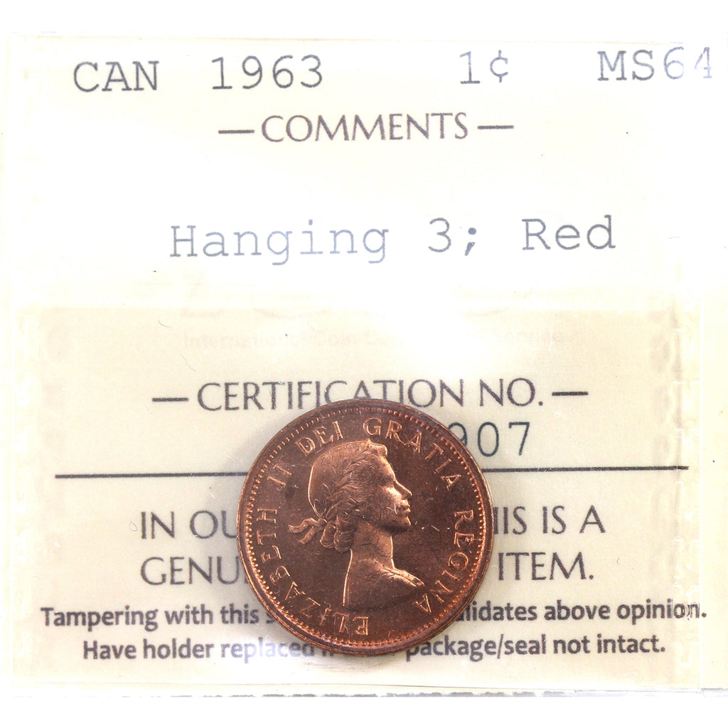 1963 Hanging 3 Canada 1-cent ICCS Certified MS64 Red