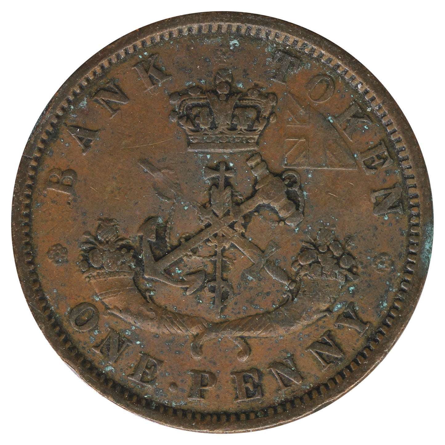 PC -6C2 1854 Crosslet 4 Bank of Upper Canada Penny Token Very Fine (VF20) Impaired