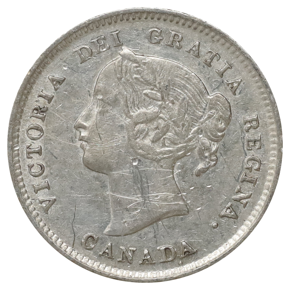 1892 Obv. 2 Canada 5-cents EF-AU (EF45) Scratched, marks, or impaired