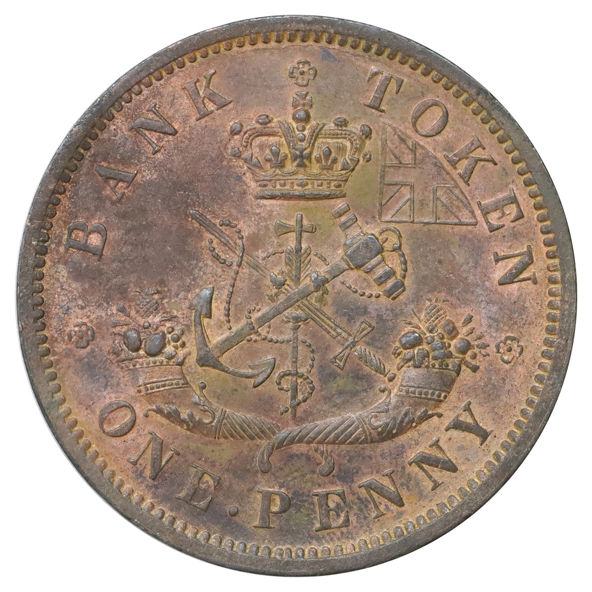 PC-60 1857 Upper Canada Penny Bank Token Brilliant Uncirculated (MS63) Red &Brown