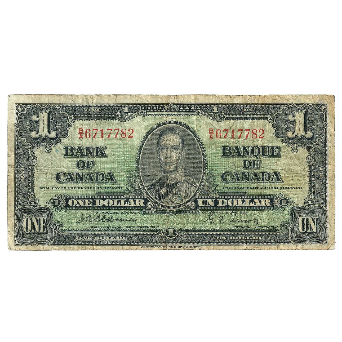 BC-21a 1937 Canada $1 Osborne-Towers, B/A, VG8