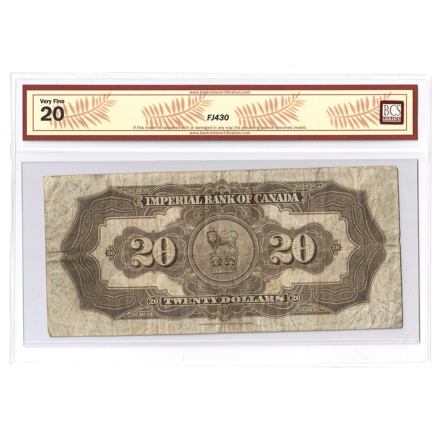 375-18-10 1923 Imperial Bank $20 Howland-Phipps, Check Letter A, BCS Certified VF20 (Writing, Holes)