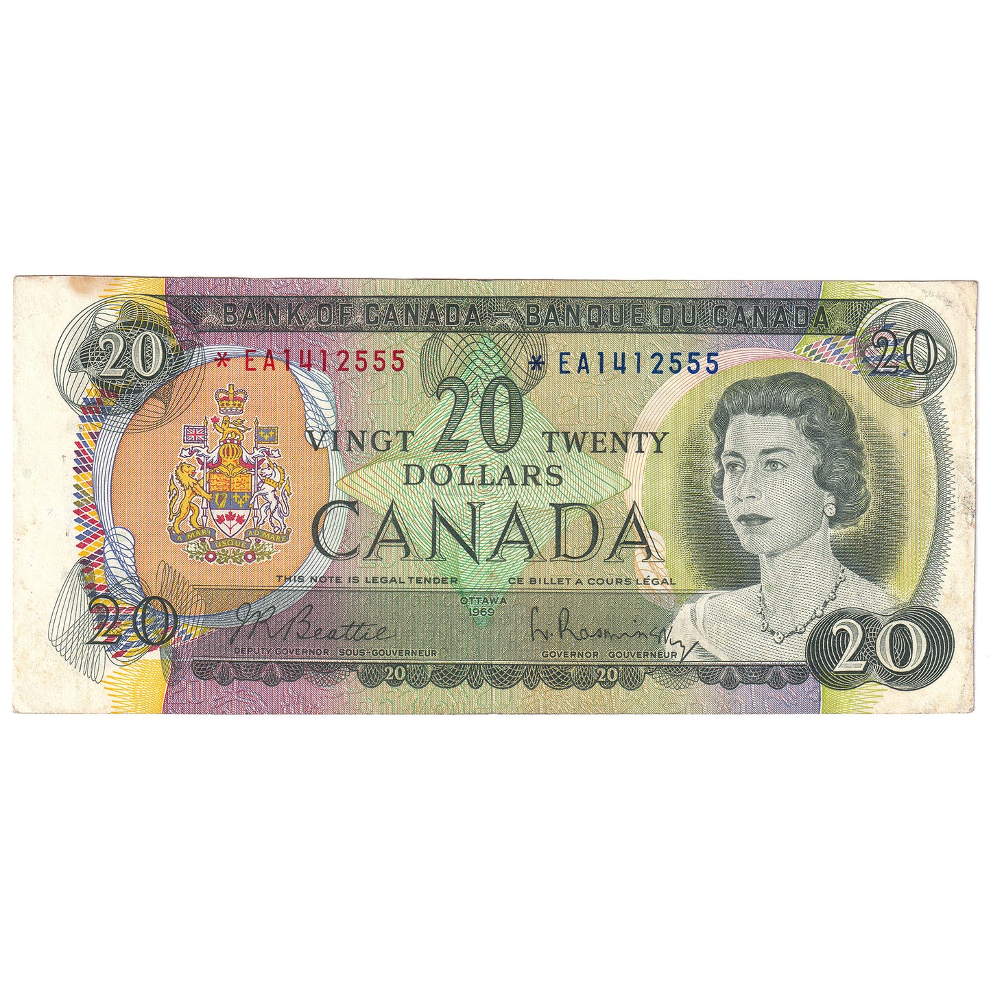 BC-50aA 1969 Canada $20 Beattie-Raminsky, *EA, EF-AU (dam'g, stain)