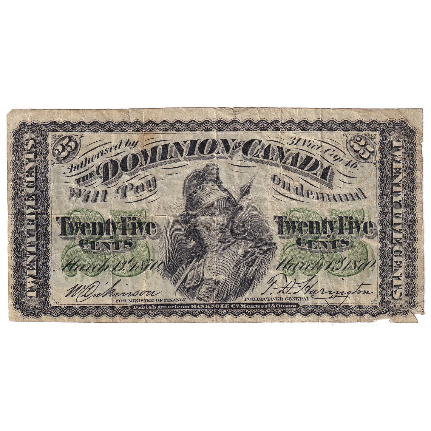 DC-1c 1870 Dominion 25-cent Shinplaster, Dickinson-Harington, Plain Series, F-VF (tear)