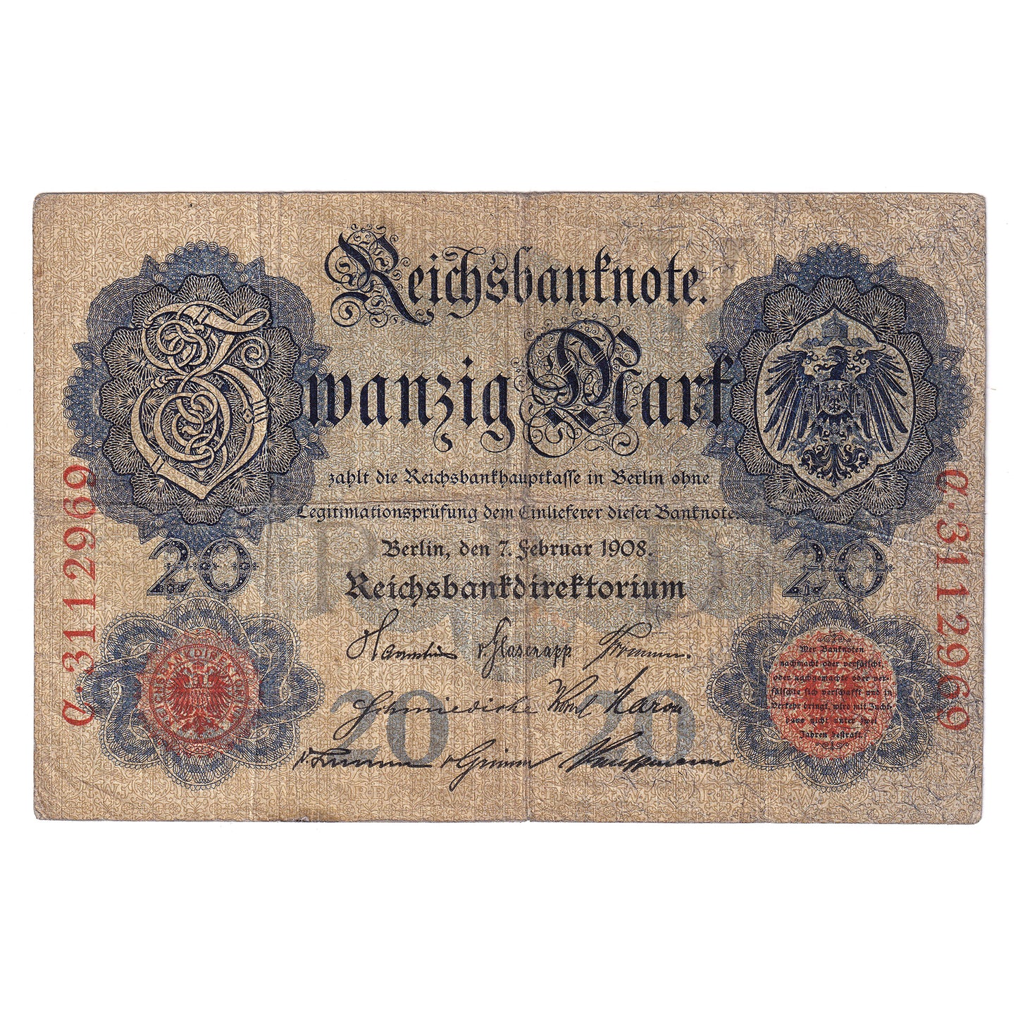 Germany 1908 20 Marks, Pick #31, VG (holes)