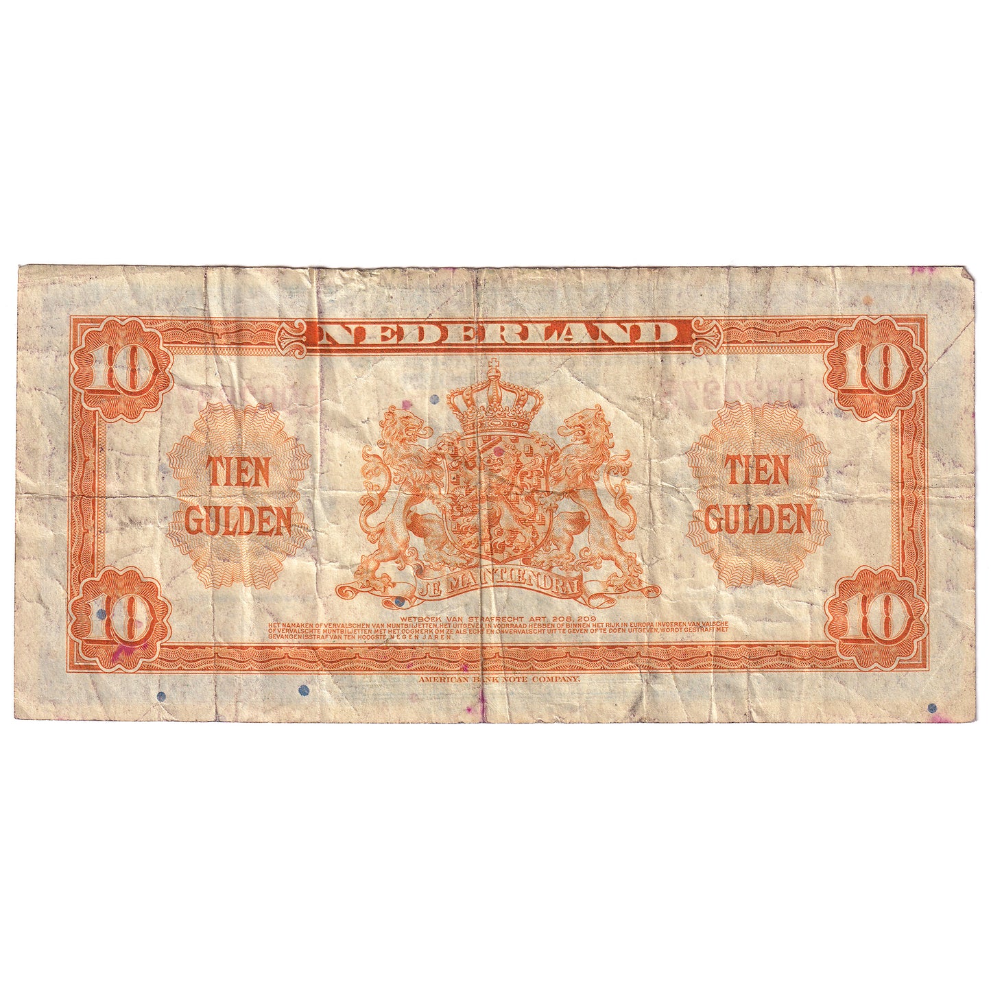 Netherlands 1943 10 Gulden, Pick #66a, VF (tear)