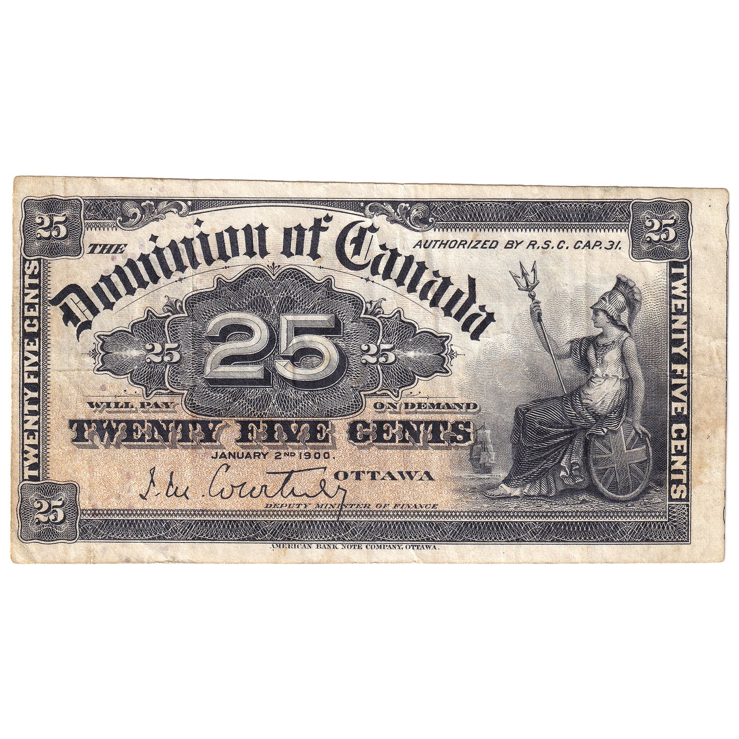 DC-15a-E25a-i 1900 Dominion 25-cent Shinplaster, Courtney, Cut off Size, VF