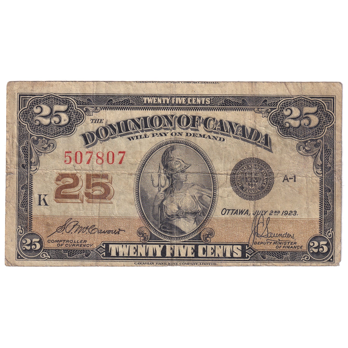 DC-24c-E25a-i 1923 Dominion 25-cent Shinplaster, McCavour-Saunders, Cut Off Size, VG-F