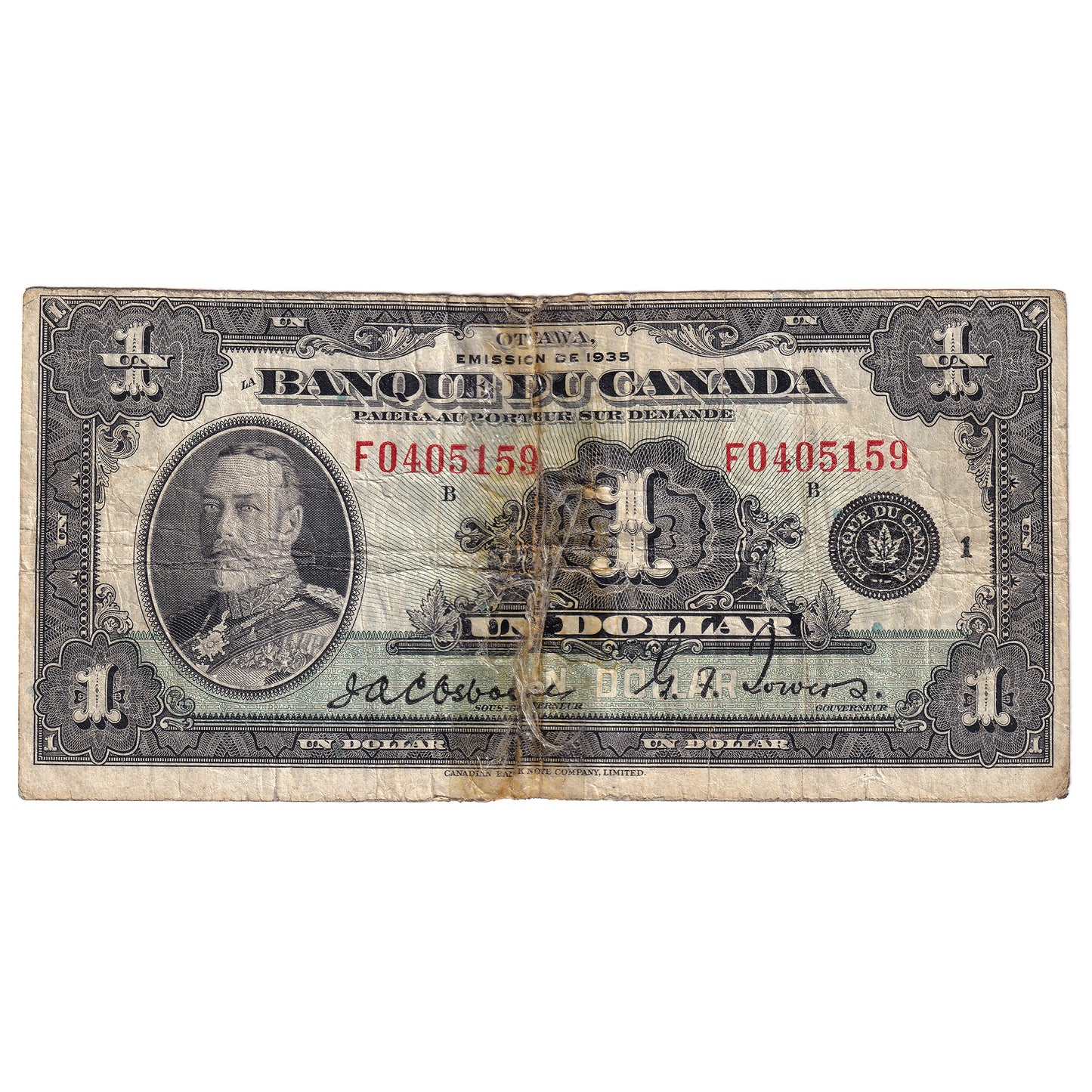 BC-2 1935 Canada $1 Osborne-Towers, French, F (damaged)