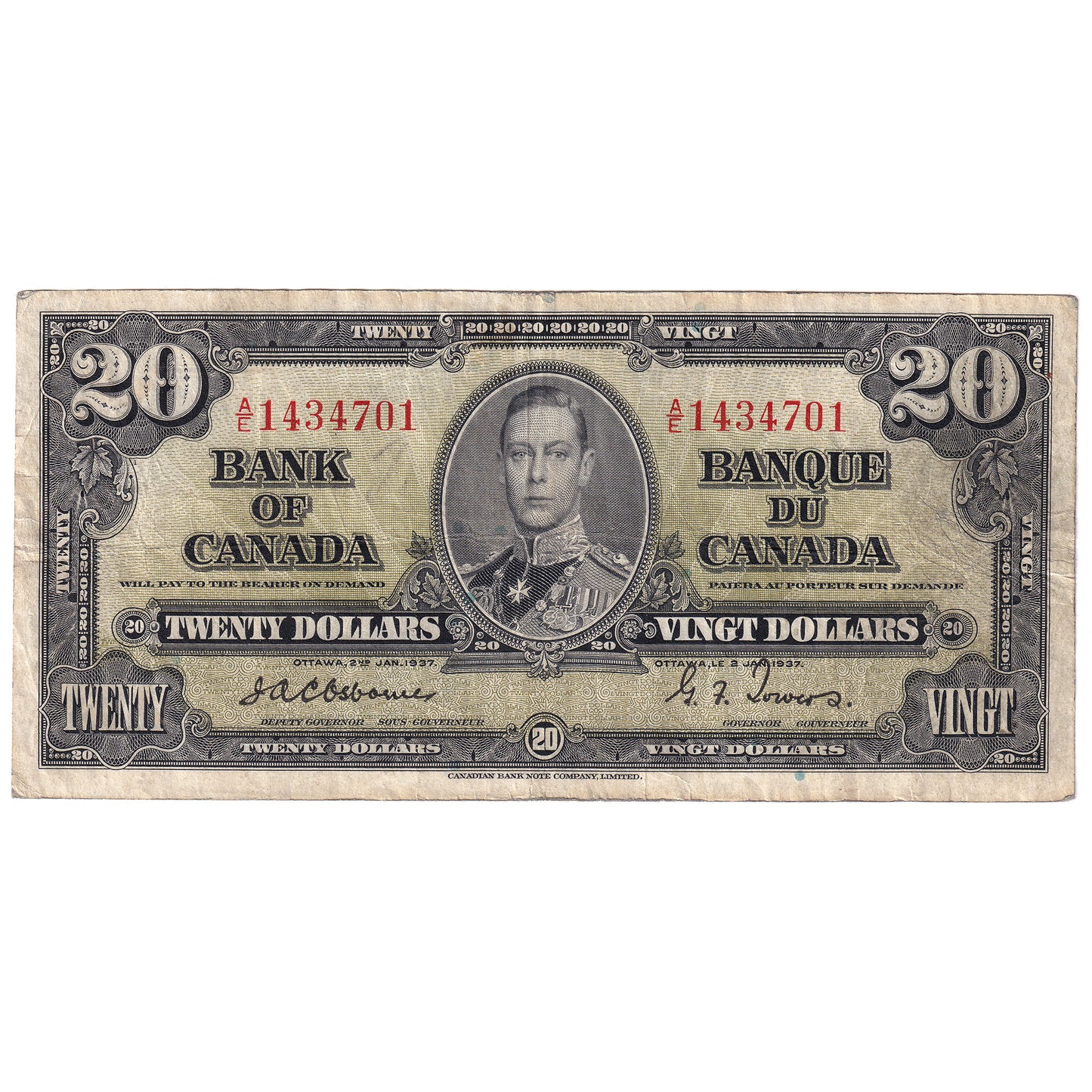 BC-25a 1937 Canada $20 Osborne-Towers, A/E (writing)