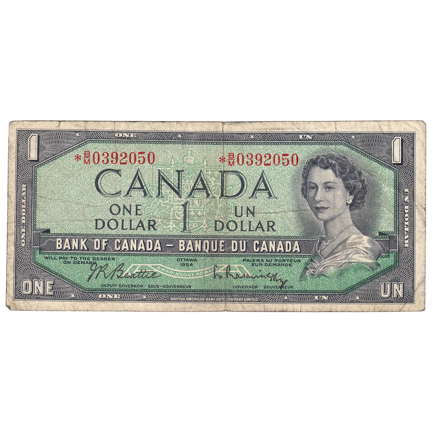BC-37bA-i 1954 Canada $1 Beattie-Rasminsky, *B/M, No FPN, F (dirt)