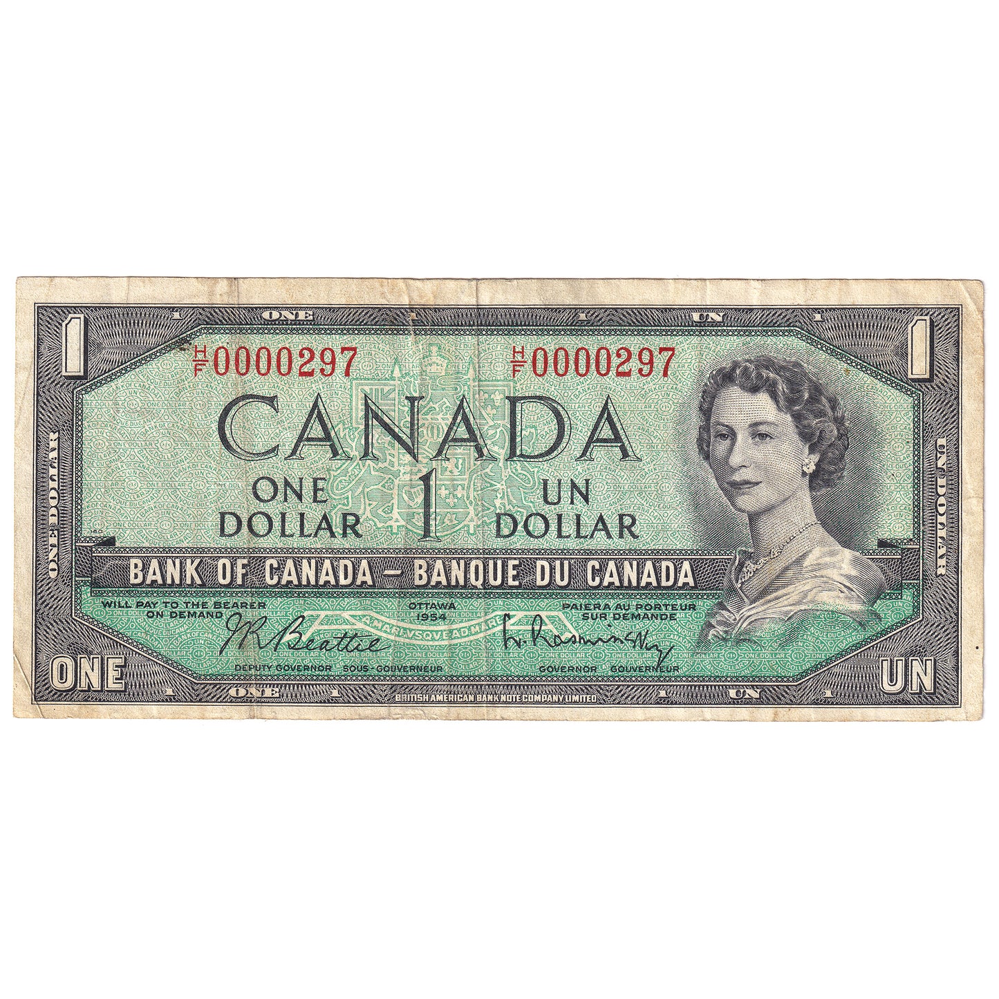 BC-37b-i-N5-iv 1954 Canada $1 Beattie-Rasminsky, Low Serial # H/F0000297, VF