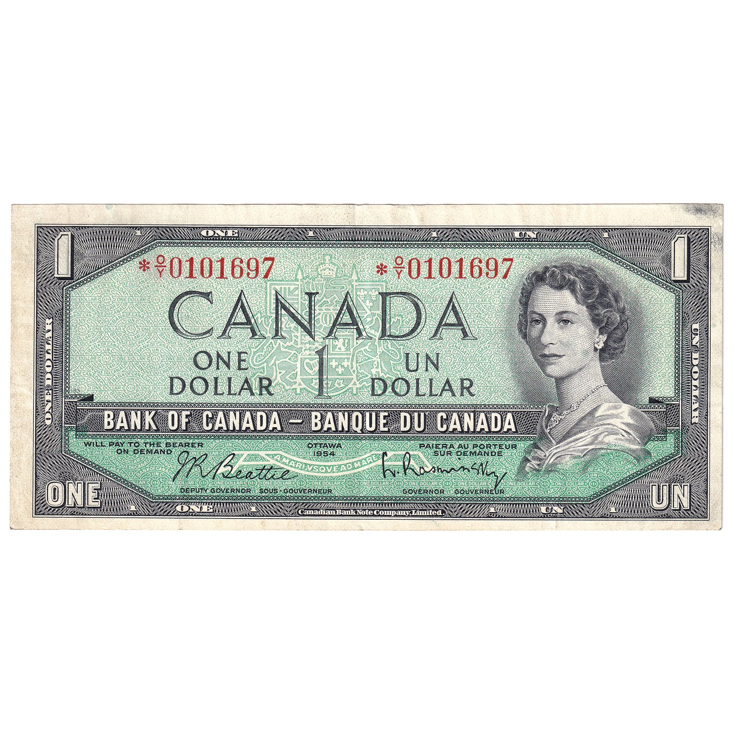 BC-37bA 1954 Canada $1 Beattie-Rasminsky, *O/Y, VF-EF (stain)