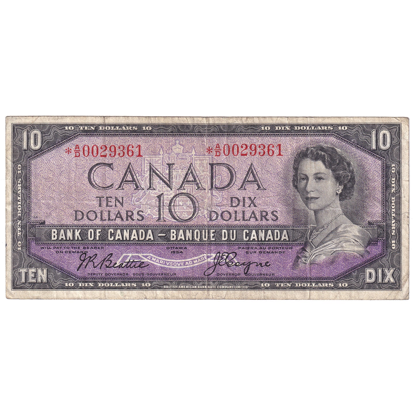 BC-40aA 1954 Canada $10 Beattie-Coyne, *A/D, F (tear)