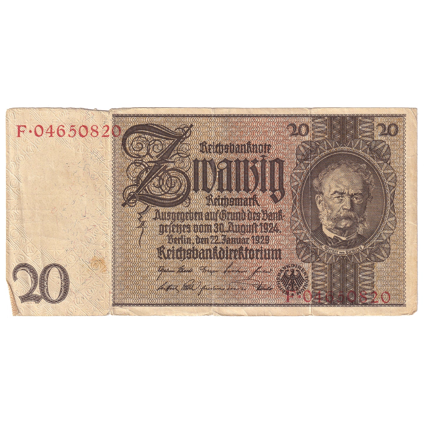 Germany 1929 (1945) 20 Reichsmark Note, Pick #181b, VF (tears)
