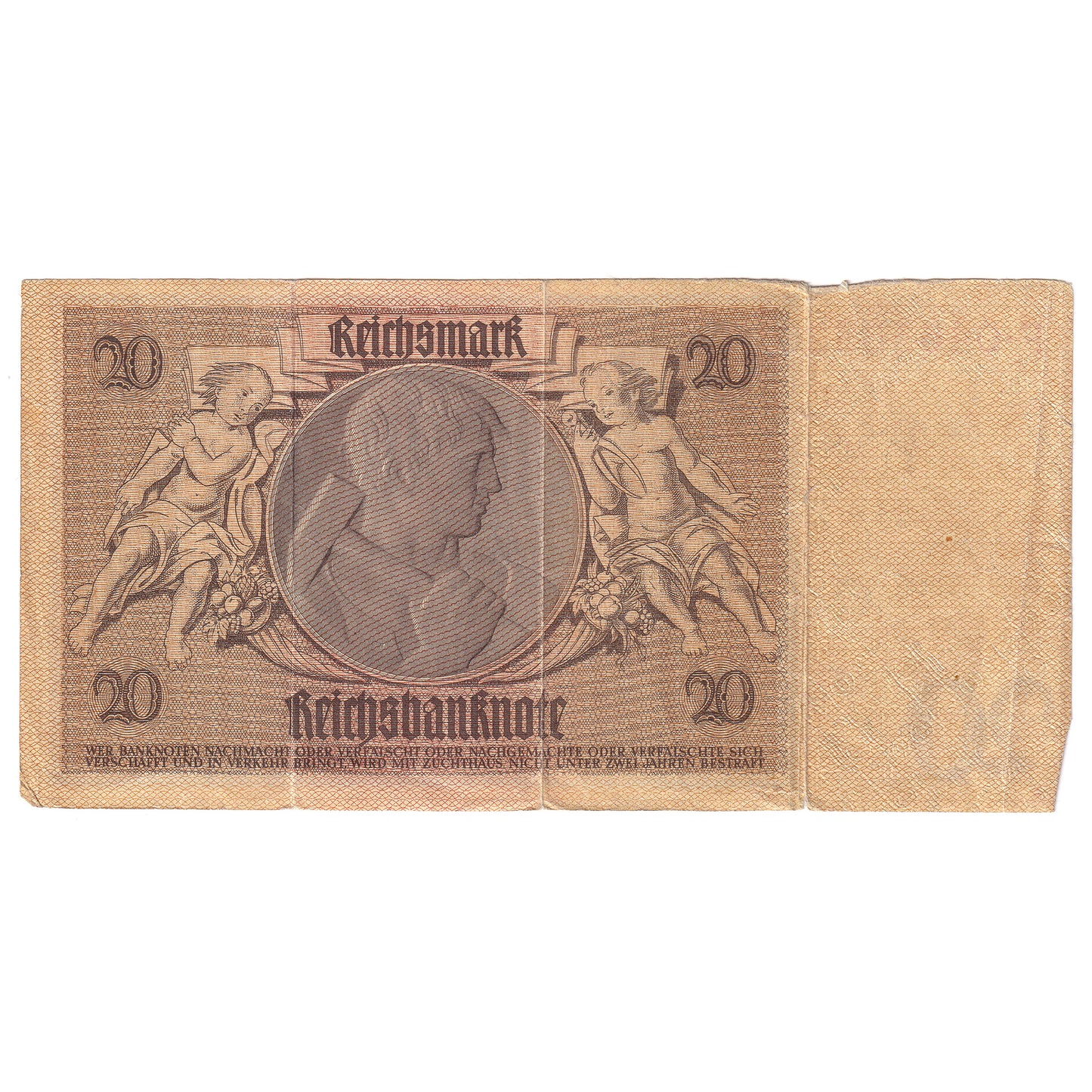 Germany 1929 (1945) 20 Reichsmark Note, Pick #181b, VF (tears)
