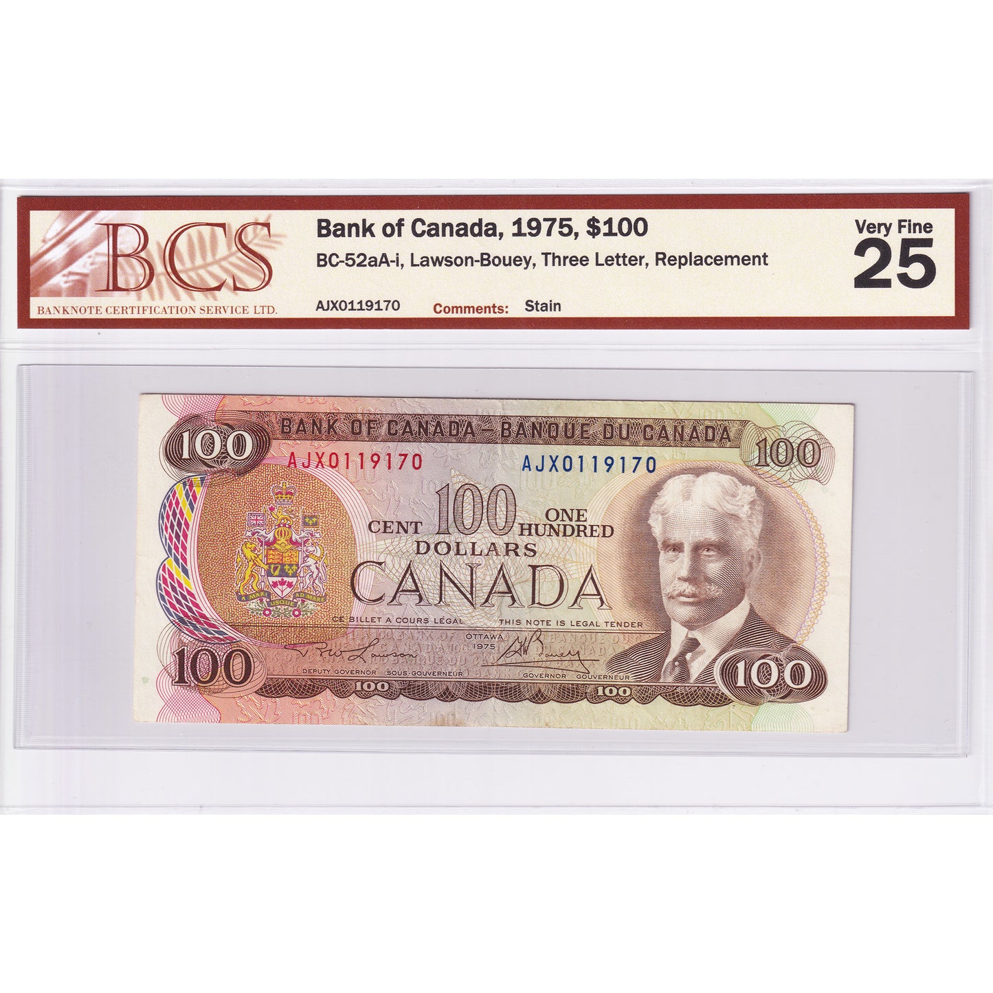 BC-52aA-i 1975 Canada $100 L-B, 3 Letter, Replacement, AJX BCS Certified VF25 (Stain)