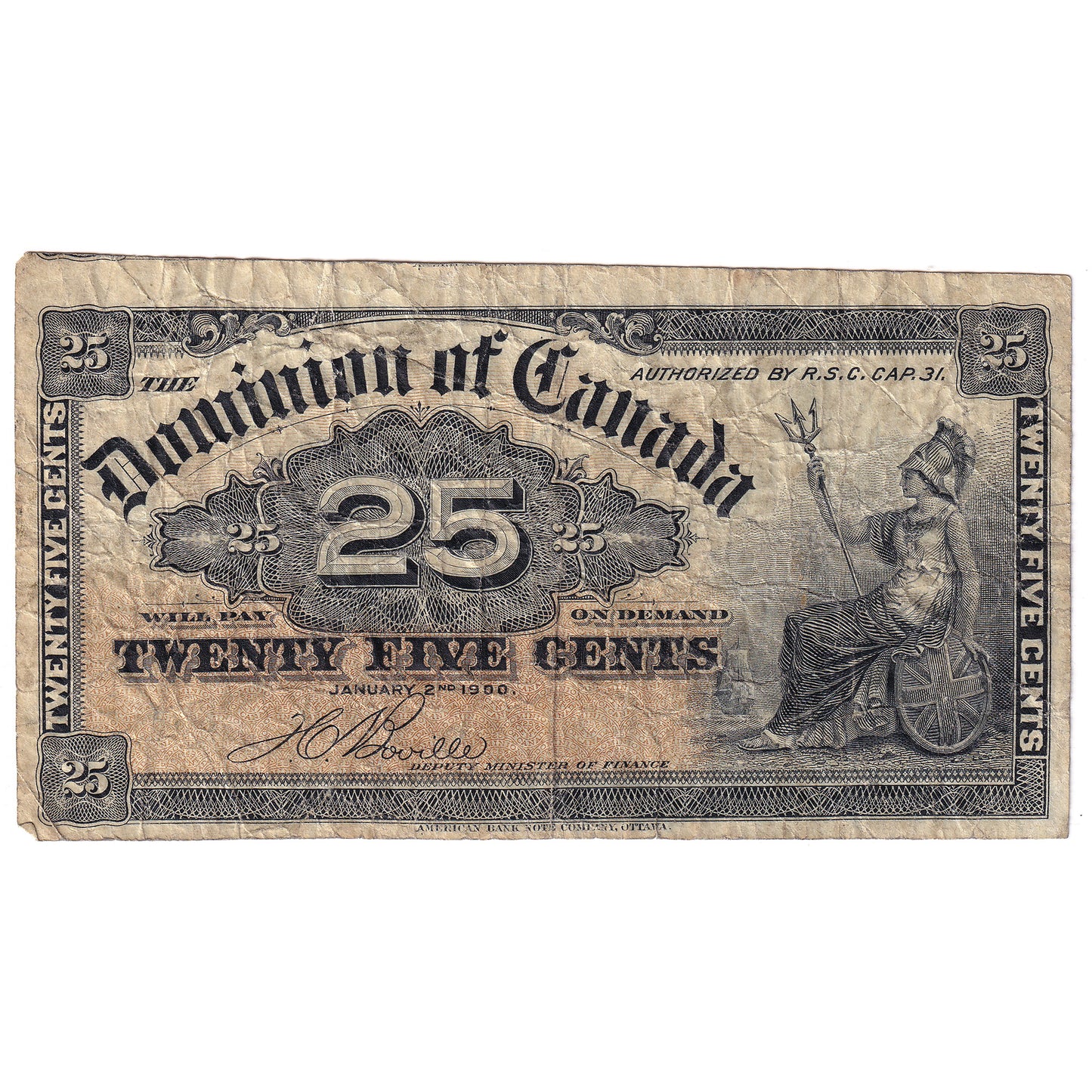 DC-15b-E25a-i 1900 Dominion 25-cent Shinplaster, Boville, Cut off Size, F