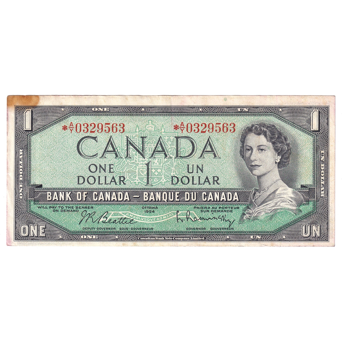 BC-37bA 1954 Canada $1 Beattie-Rasminsky, *A/Y, EF (stains)