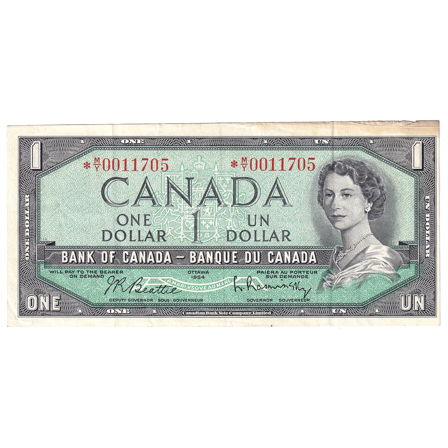 BC-37bA 1954 Canada $1 Beattie-Rasminsky, *M/Y, VF-EF (stain)