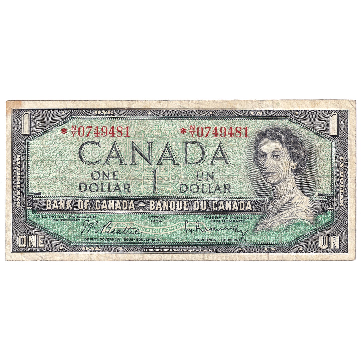 BC-37bA 1954 Canada $1 Beattie-Rasminsky, *N/Y, VF (stain)