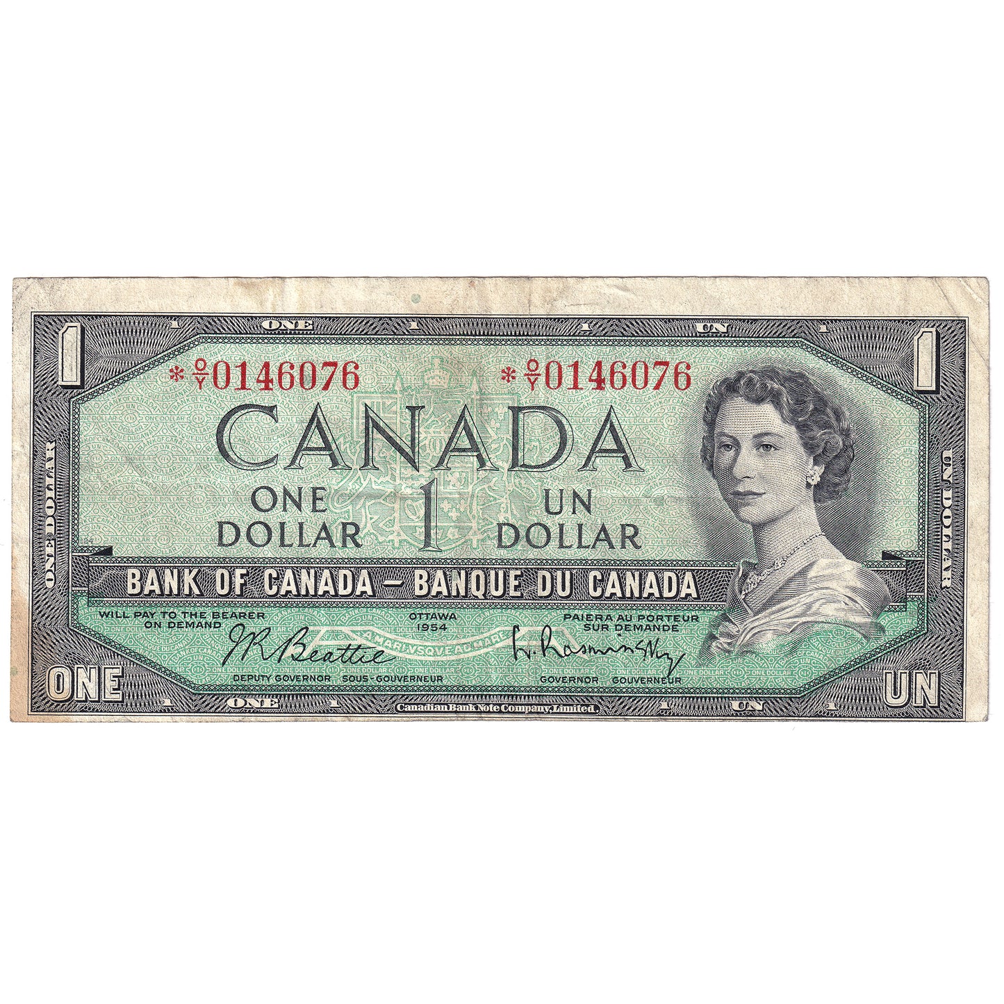 BC-37bA 1954 Canada $1 Beattie-Rasminsky, *O/Y, VF (stain)