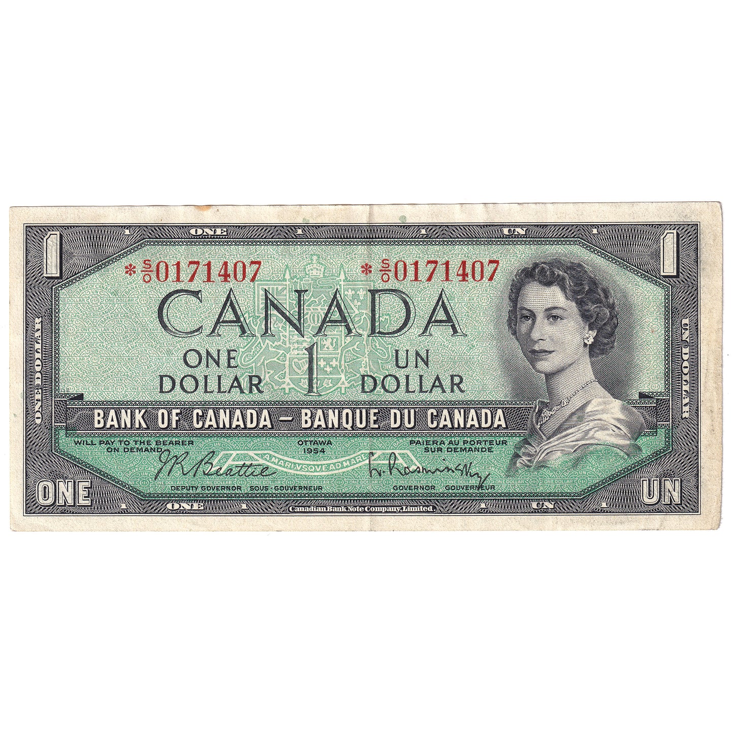 BC-37bA 1954 Canada $1 Beattie-Rasminsky, *S/O, EF (stain)