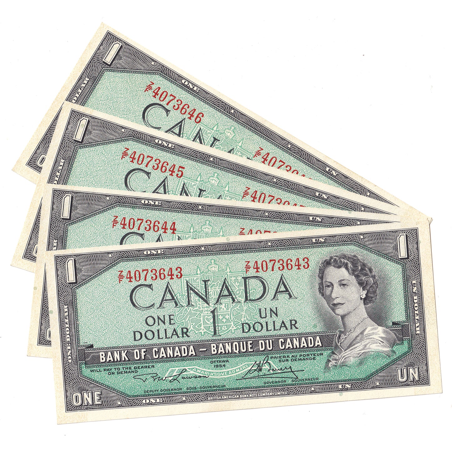 Lot of 4x Sequential BC-37d 1954 Canada $1 Lawson-Bouey, Z/F, 4 Pcs.