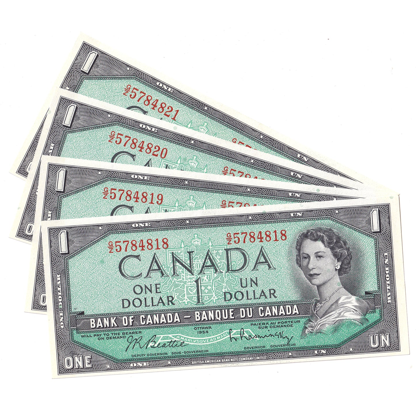 Lot of 4x Consecutive 1954 Canada $1 Notes, Beattie-Rasminsky, G/Z, 4Pcs.