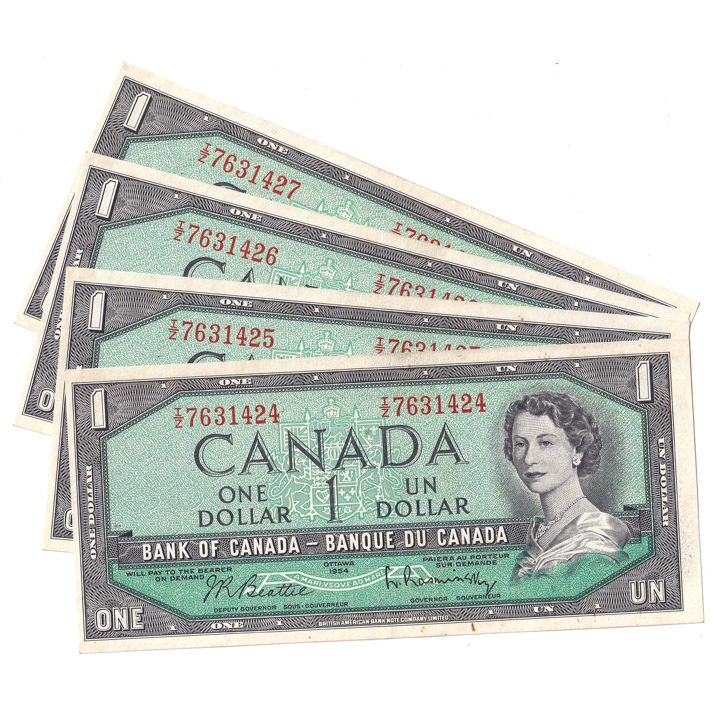 Lot of 4x Consecutive 1954 Canada $1 Notes, Beattie-Rasminsky, I/Z, 4Pcs.