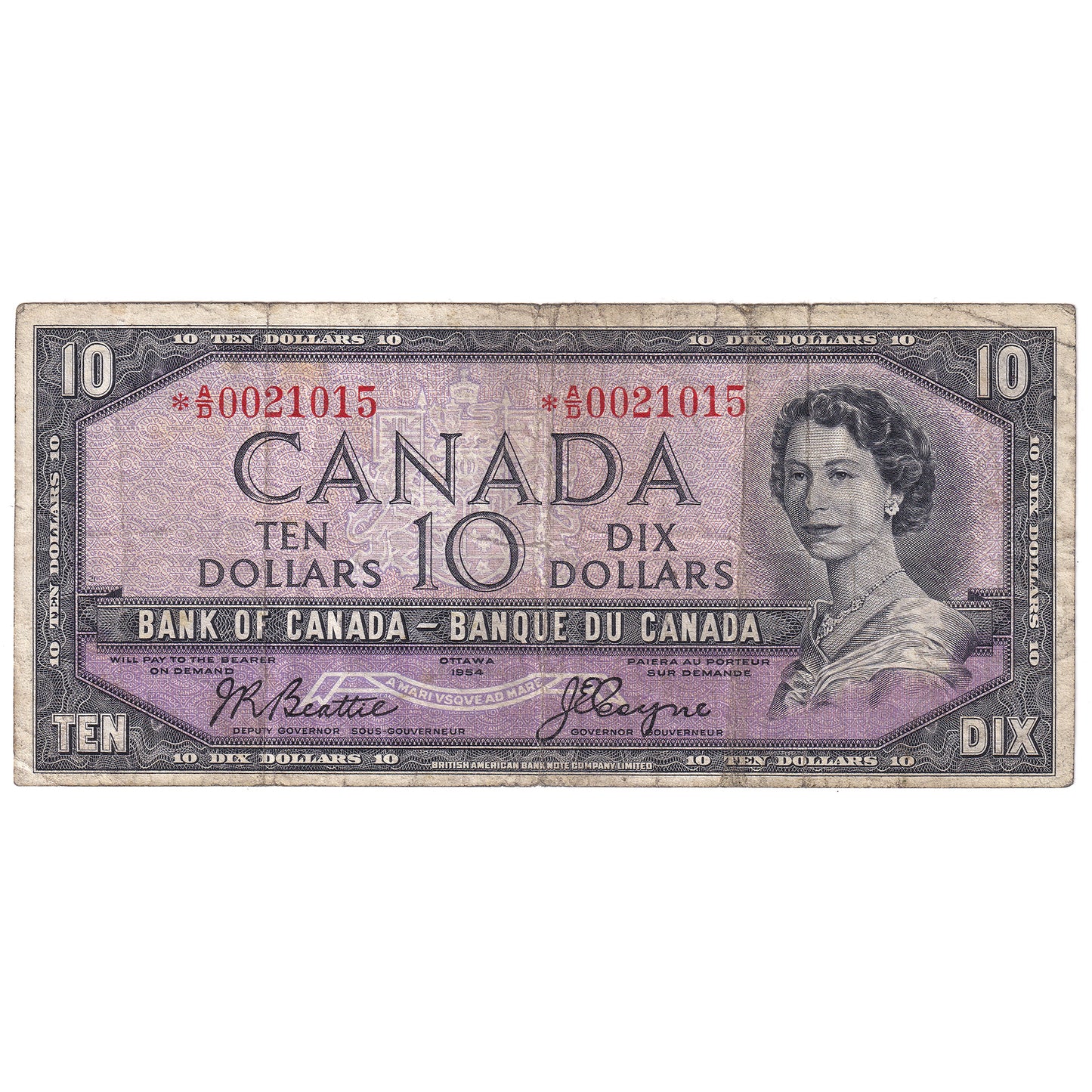 BC-40aA 1954 Canada $10 Beattie-Coyne, Replacement, *A/D, F, (stains)