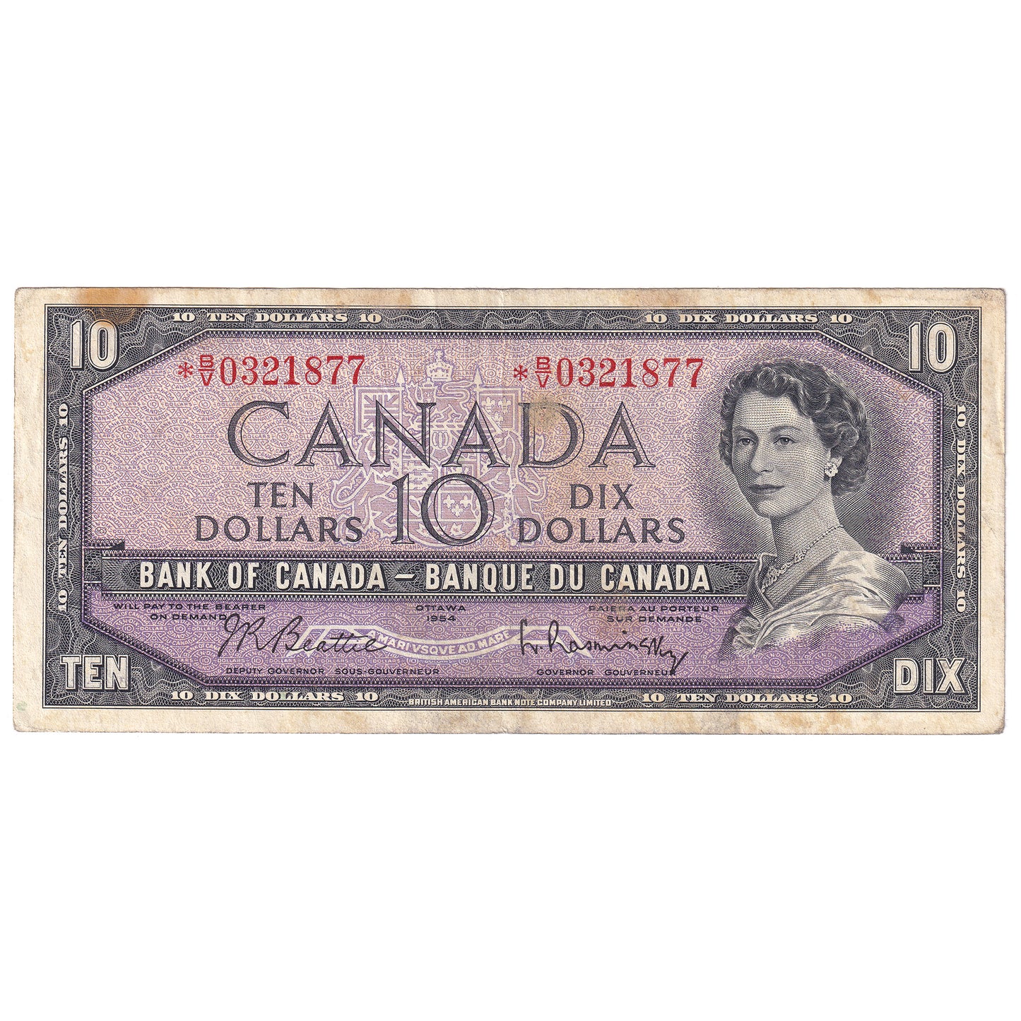 BC-40bA 1954 Canada $10 Beattie-Rasminsky, *B/V, F-VF, (stains)