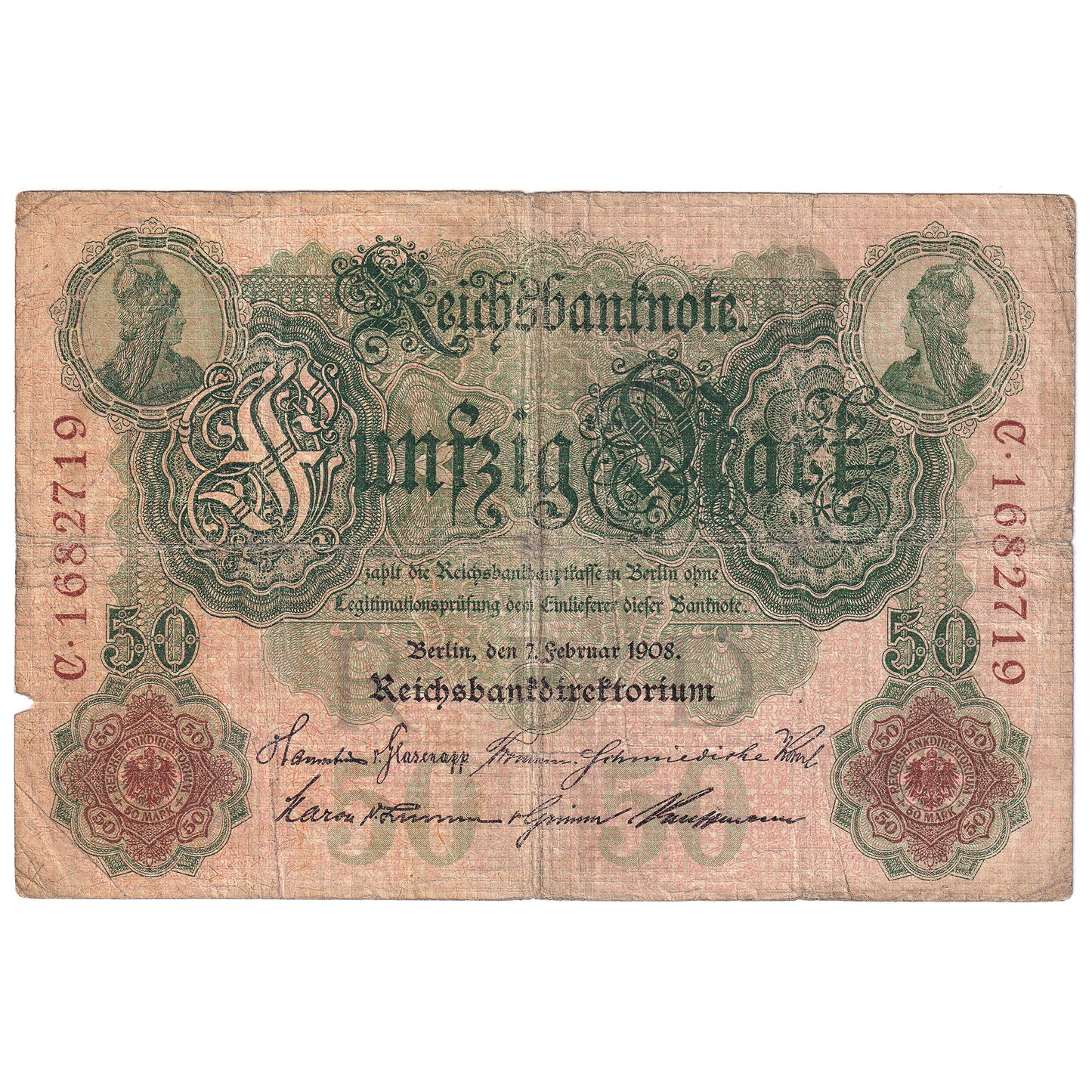 Germany 1908 50 Mark, Pick #32, VG (dam'g)