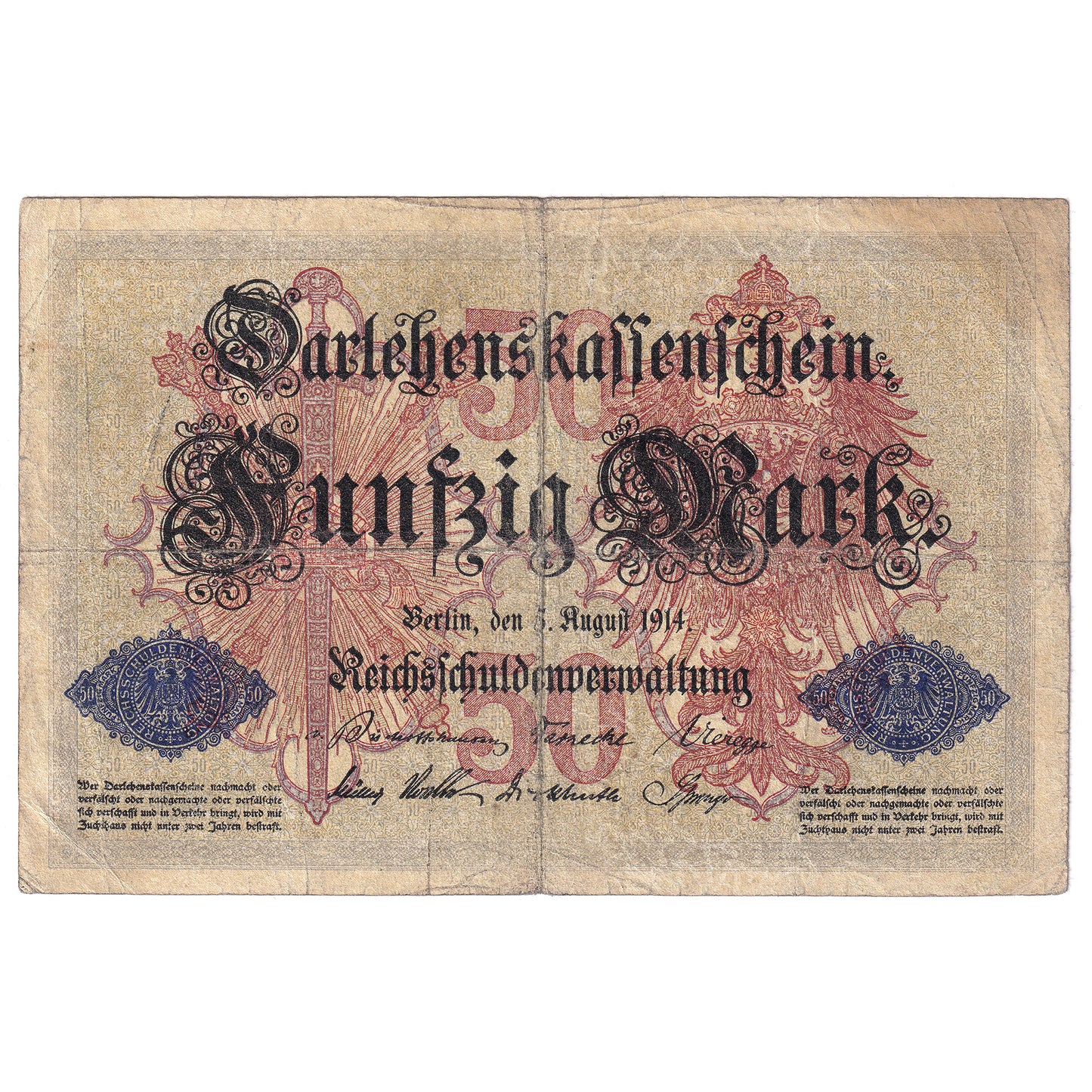 Germany 1914 50 Mark Note, Pick #49a, 6 Digit, VG (holes)