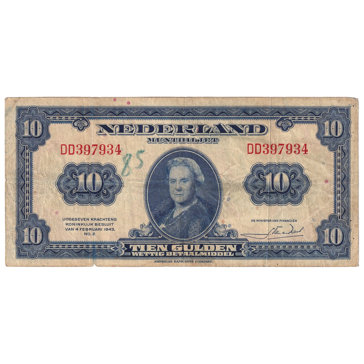 Netherlands 1943 10 Gulden Note, Pick #66a, VF (writing)
