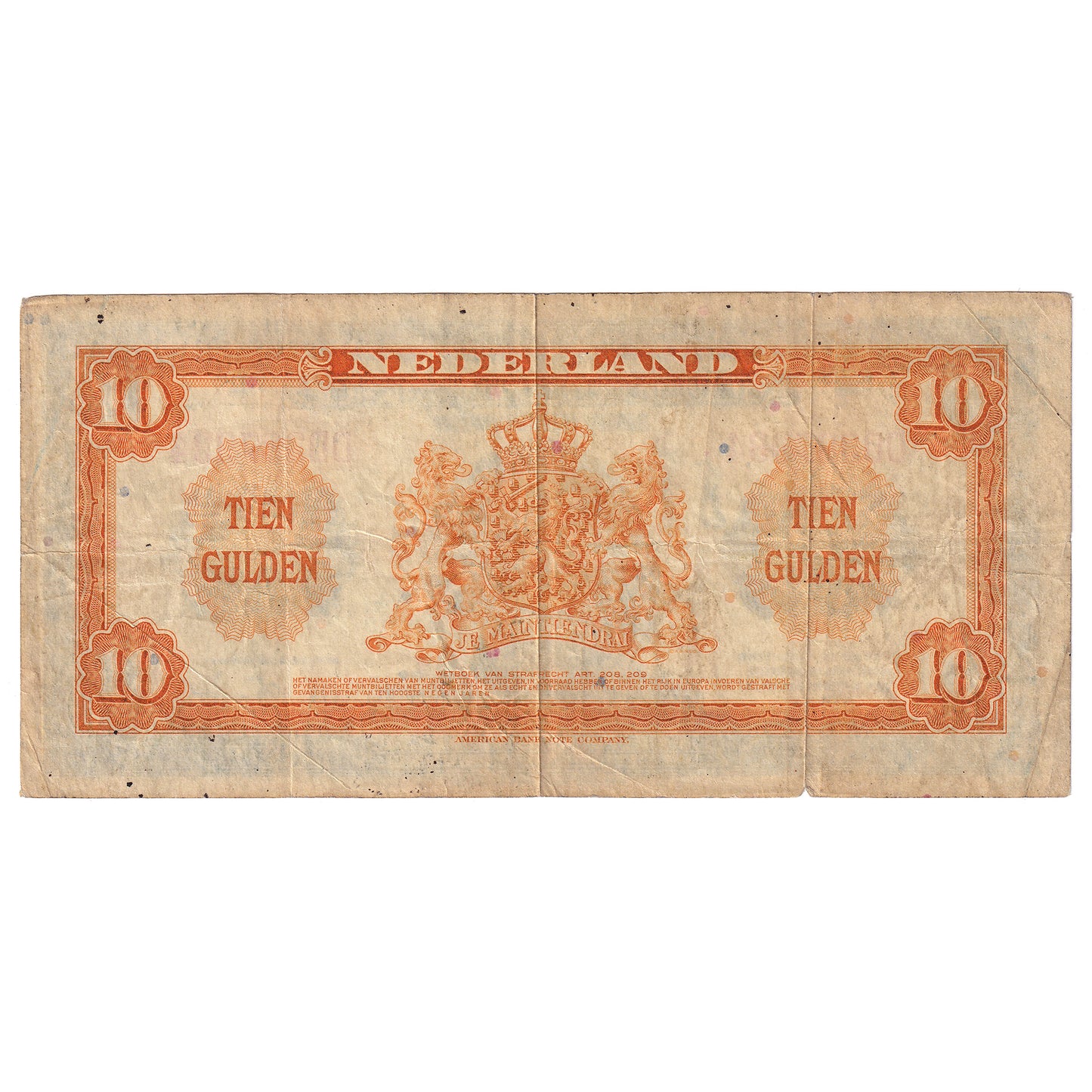 Netherlands 1943 10 Gulden Note, Pick #66a, VF (writing)