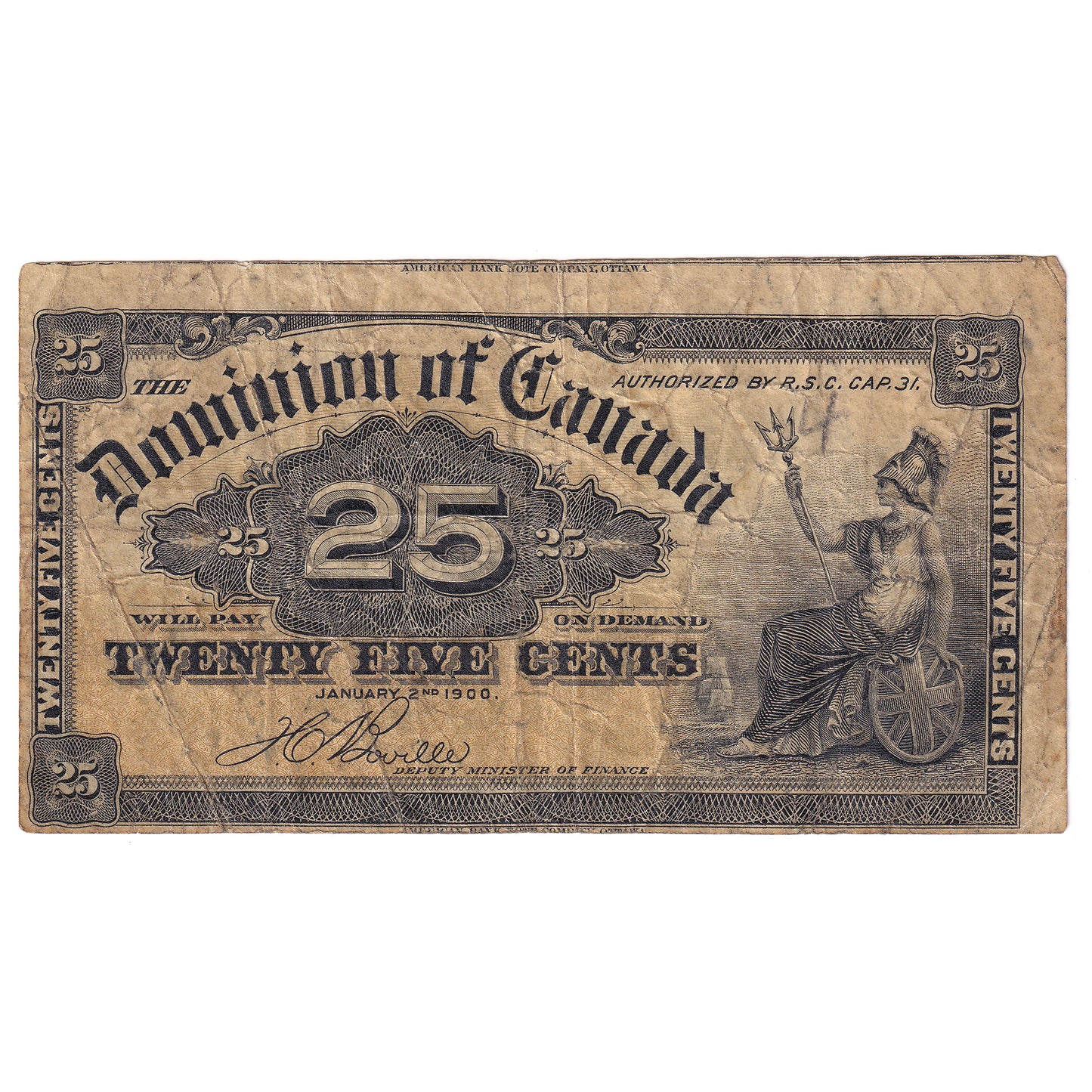 DC-15b-E25a-i 1900 Dominion 25-cent Shinplaster, Boville, F (Cut off Size)