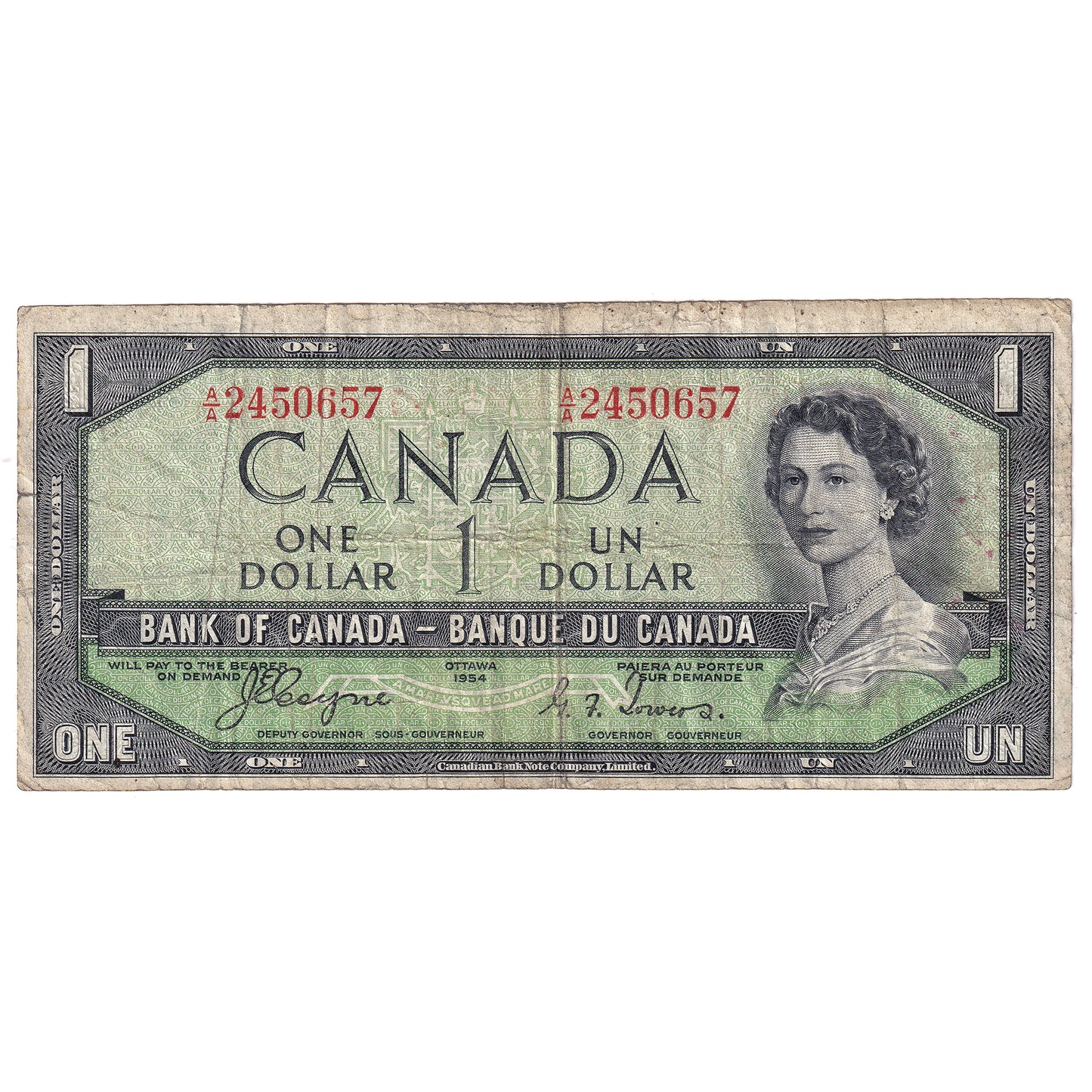 BC-29a 1954 Canada $1 Coyne-Towers, Devil's Face, A/A, F (dirt)