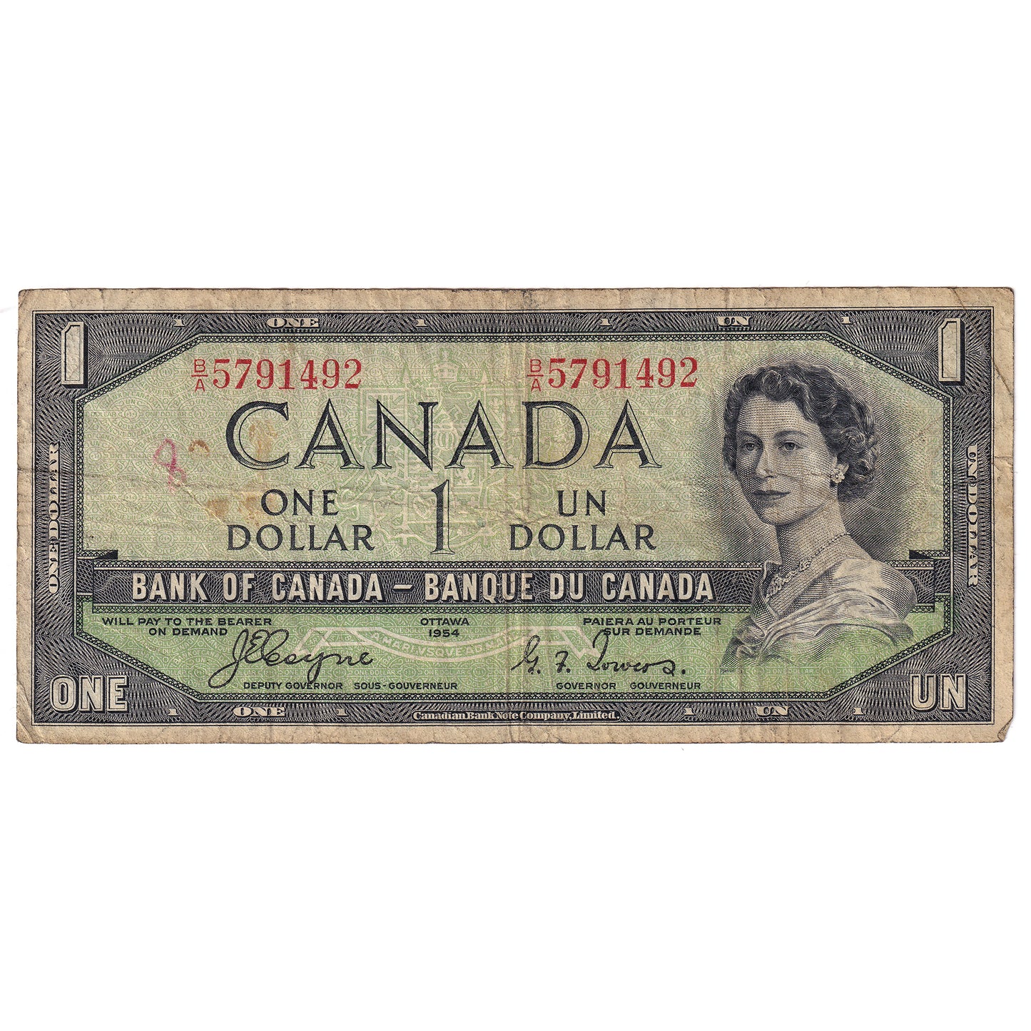 BC-29a 1954 Canada $1 Coyne-Towers, Devil's Face, B/A, F (writing)