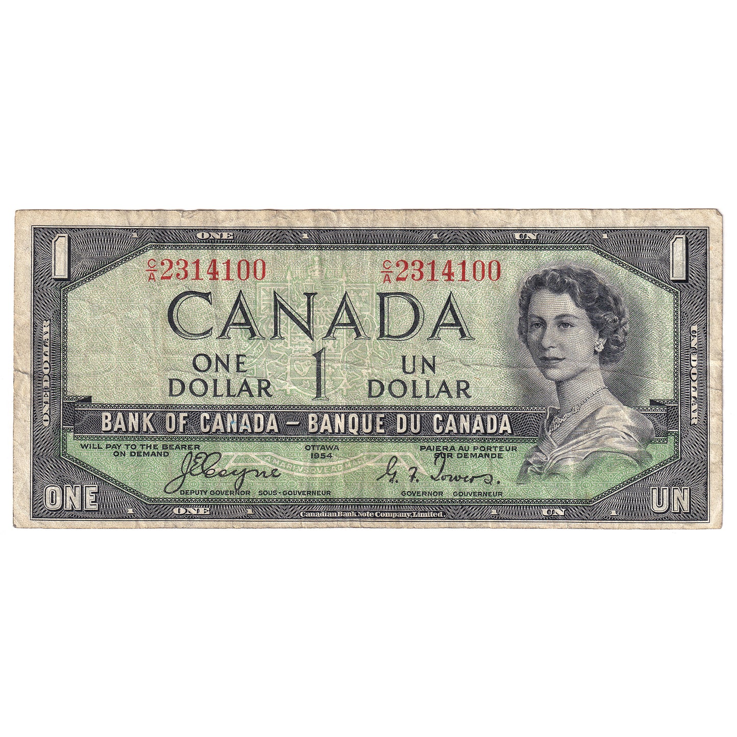 BC-29a 1954 Canada $1 Coyne-Towers, Devil's Face, C/A, VF (tear)