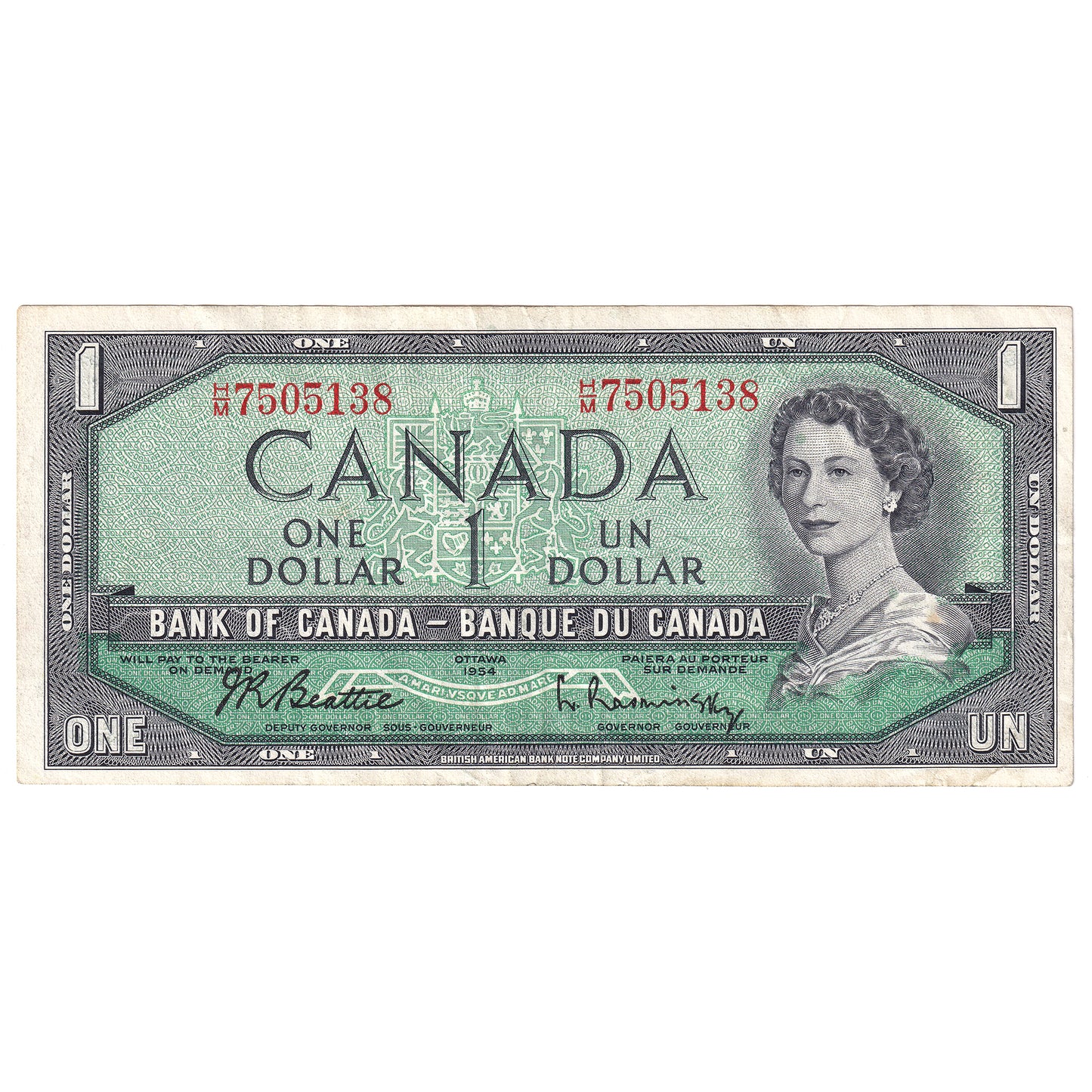 BC-37b-i 1954 Canada $1 Beattie-Rasminsky, H/M, VF (stain)