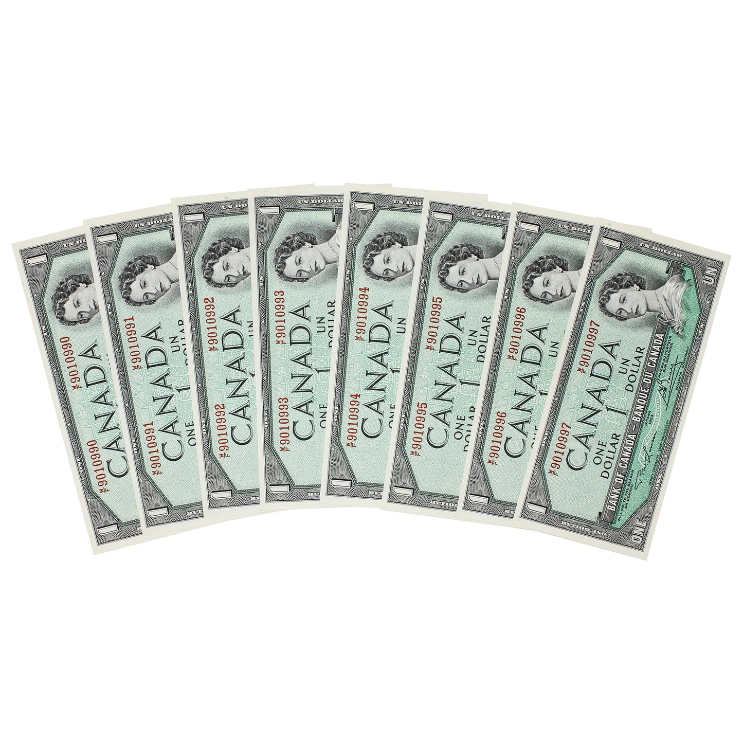 Lot of 8x Sequential BC-37d 1954 Canada $1 Lawson-Bouey, W/F, 8 Pcs.